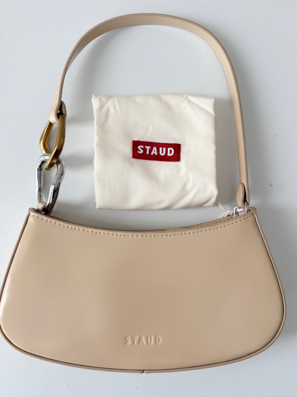 NWT STAUD Ollie Leather Shoulder Bag Oat Neutral Gold Silver Hardware - Picture 10 of 10